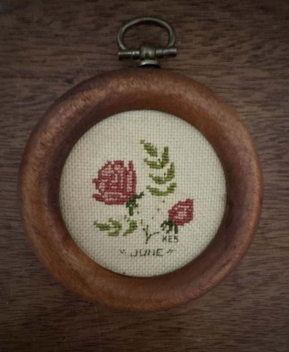 Vintage Handmade Cross-Stitch Rose June 2.75" Wood Frame Wall Art Decor